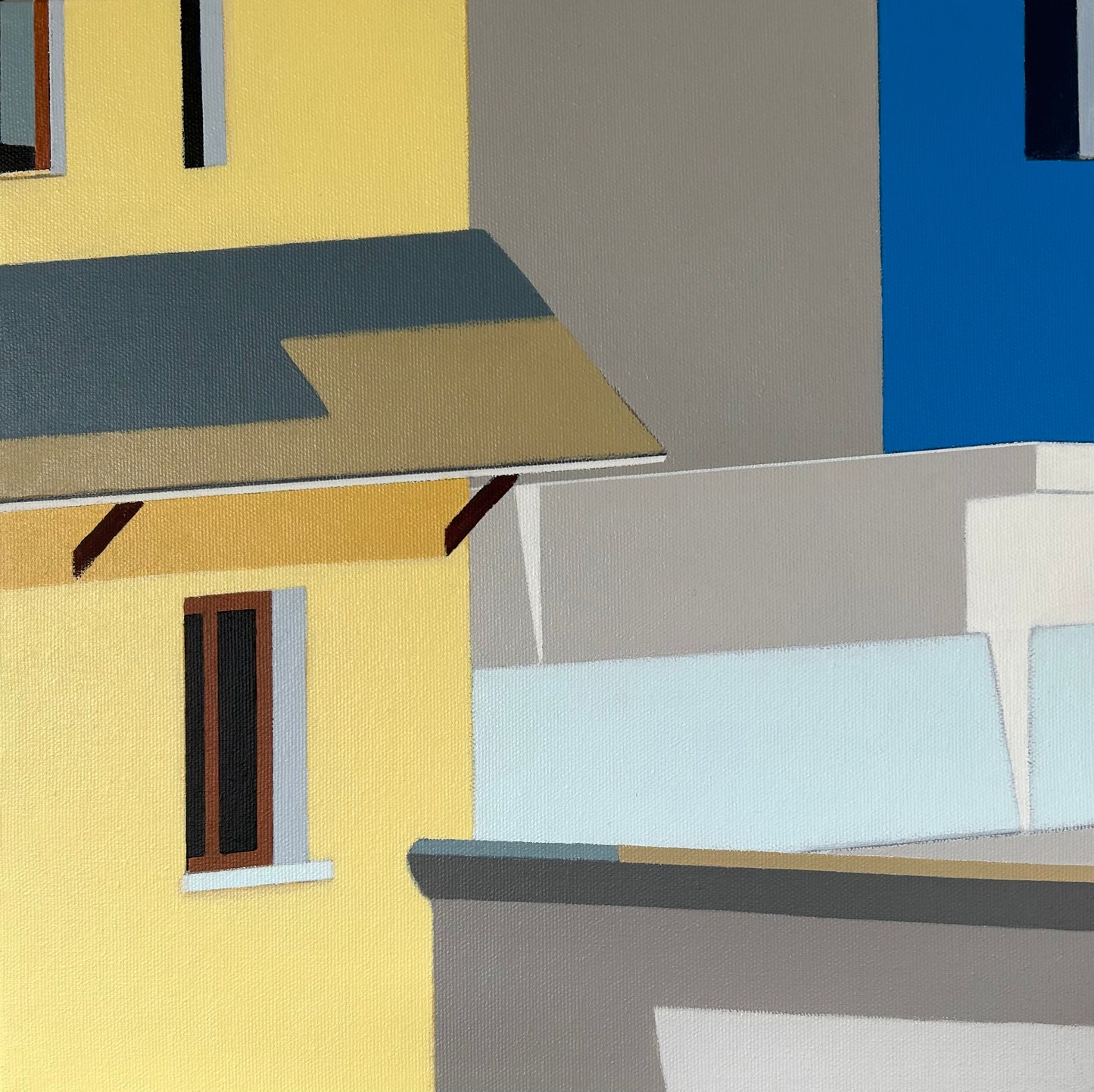 Original acrylic painting Morada by Gordon Leverton depicting Peruvian residential architecture with colorful urban details