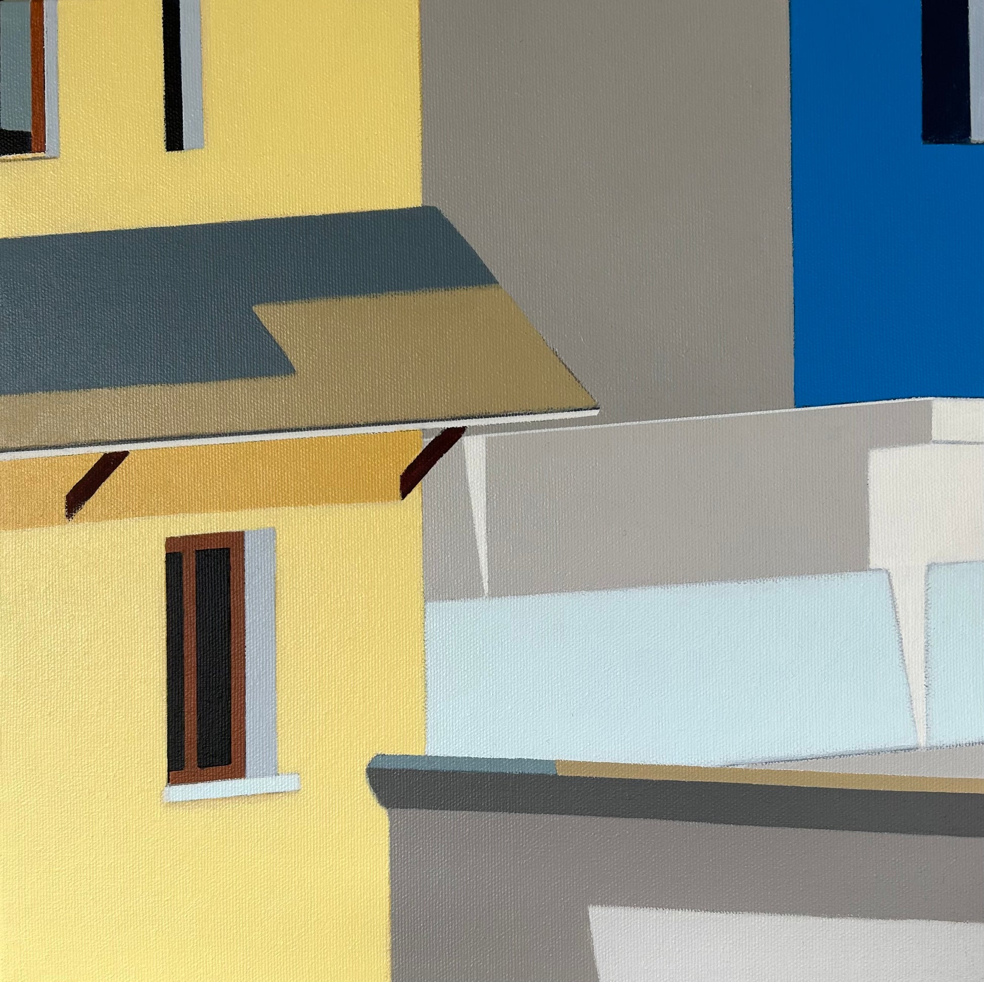 Original acrylic painting Morada by Gordon Leverton depicting Peruvian residential architecture with colorful urban details