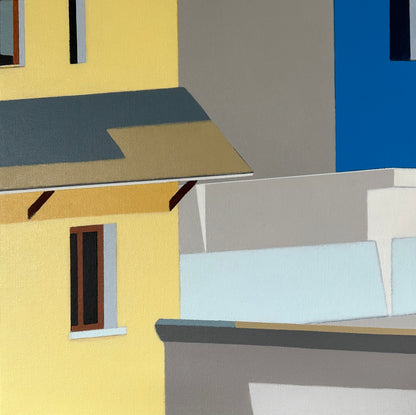 Original acrylic painting Morada by Gordon Leverton depicting Peruvian residential architecture with colorful urban details