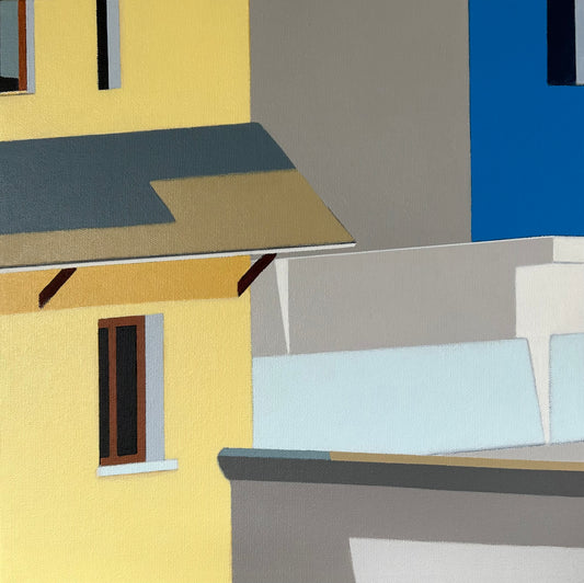 Original acrylic painting Morada by Gordon Leverton depicting Peruvian residential architecture with colorful urban details