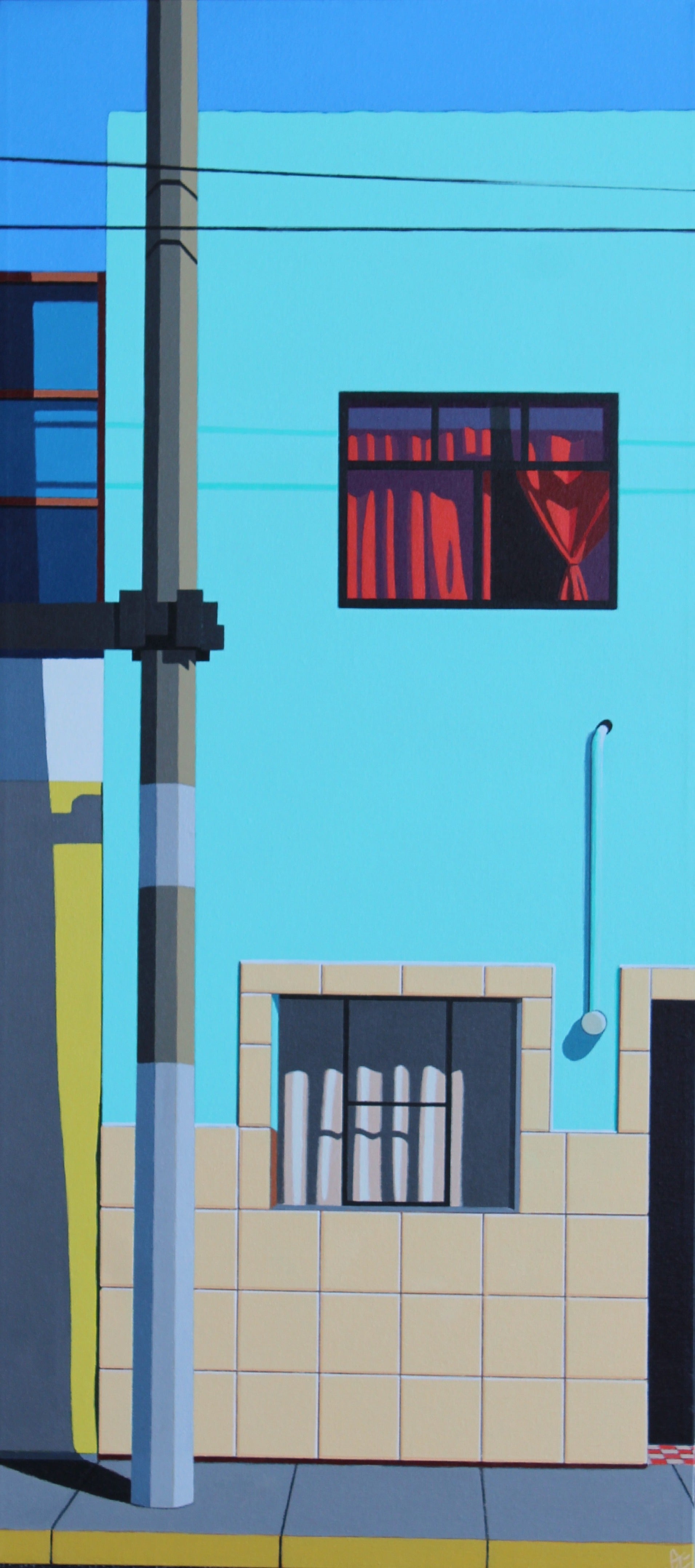 Original acrylic painting Providencia by Gordon Leverton depicting Peruvian architecture with colorful geometric details