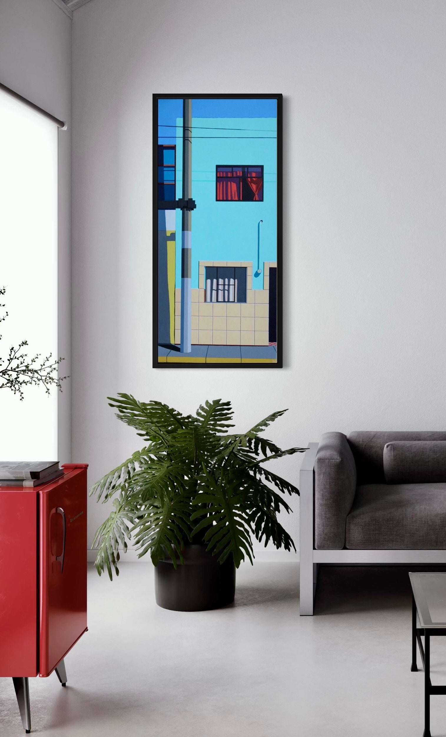 Original acrylic painting Providencia by Gordon Leverton depicting Peruvian architecture with colorful geometric details