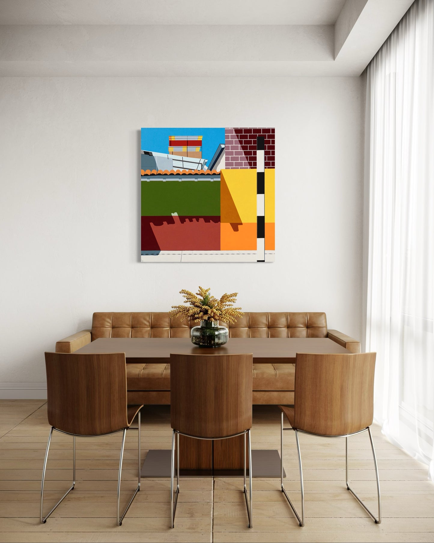 Original acrylic painting Rikchariy by Gordon Leverton depicting Peruvian architecture in Lima with vibrant colors and geometric forms