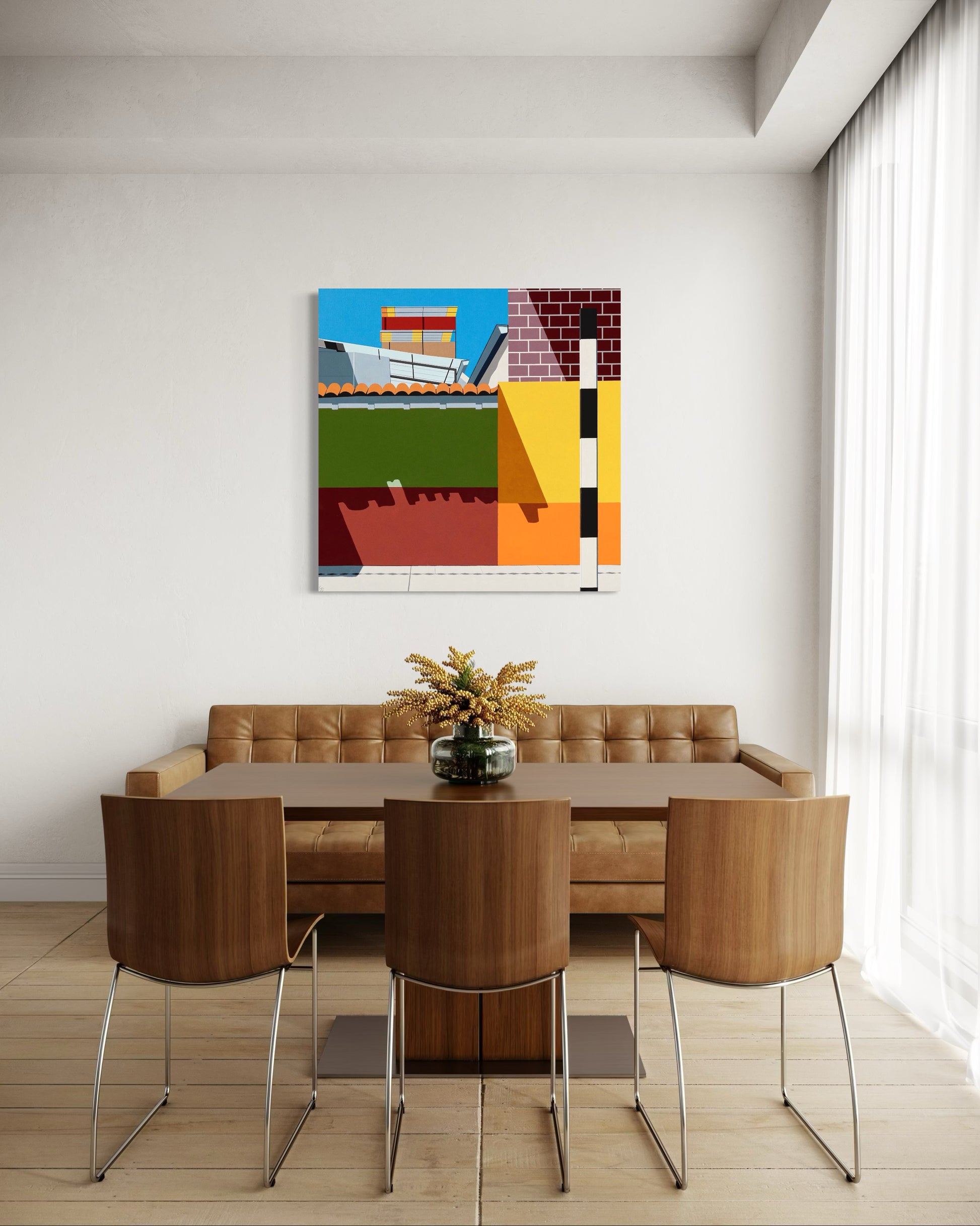 Original acrylic painting Rikchariy by Gordon Leverton depicting Peruvian architecture in Lima with vibrant colors and geometric forms
