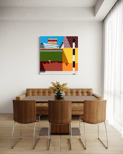 Original acrylic painting Rikchariy by Gordon Leverton depicting Peruvian architecture in Lima with vibrant colors and geometric forms