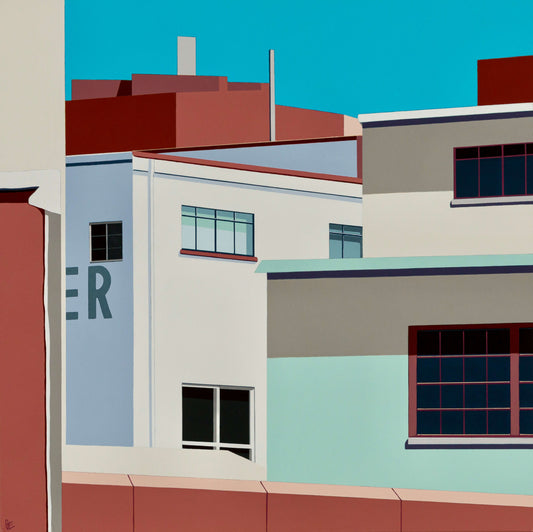 Original acrylic painting Schemes by Gordon Leverton depicting colonial mansion architecture in Roma Norte Mexico City with vibrant colors and geometric forms