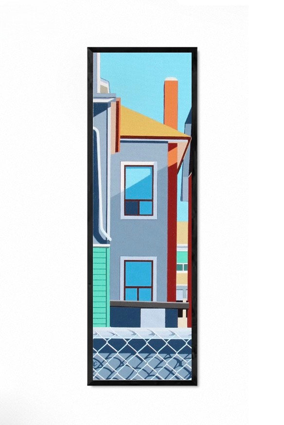 Original acrylic painting  Stand and Deliver by Gordon Leverton depicting detailed architecture in Hamilton (Canada) with vibrant tropical colors and geometric forms