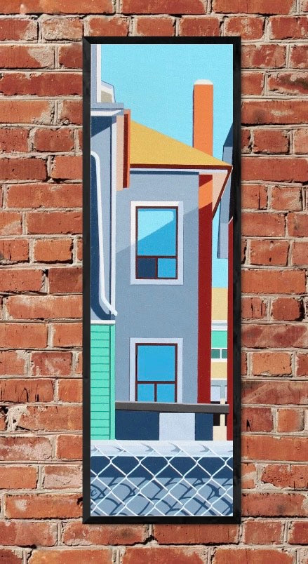 Original acrylic painting  Stand and Deliver by Gordon Leverton depicting detailed architecture in Hamilton (Canada) with vibrant tropical colors and geometric forms