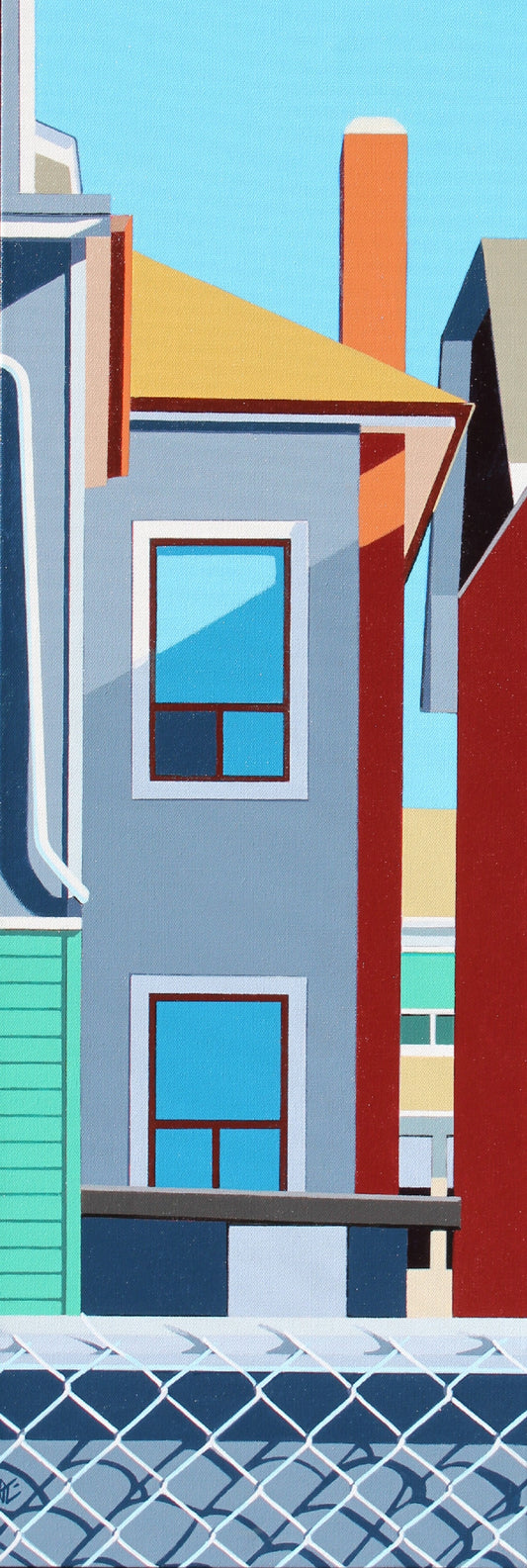 Original acrylic painting  Stand and Deliver by Gordon Leverton depicting detailed architecture in Hamilton (Canada) with vibrant tropical colors and geometric forms