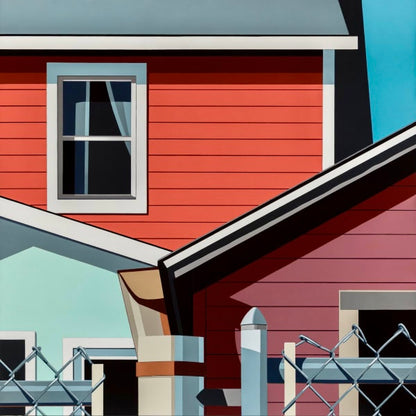 Original acrylic painting TEAM SPIRIT by Gordon Leverton depicting community homes on James and Barton Streets Hamilton Ontario