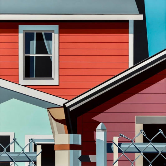 Original acrylic painting TEAM SPIRIT by Gordon Leverton depicting community homes on James and Barton Streets Hamilton Ontario