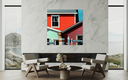 Original acrylic painting TEAM SPIRIT by Gordon Leverton depicting community homes in Hamilton Ontario, Canada.