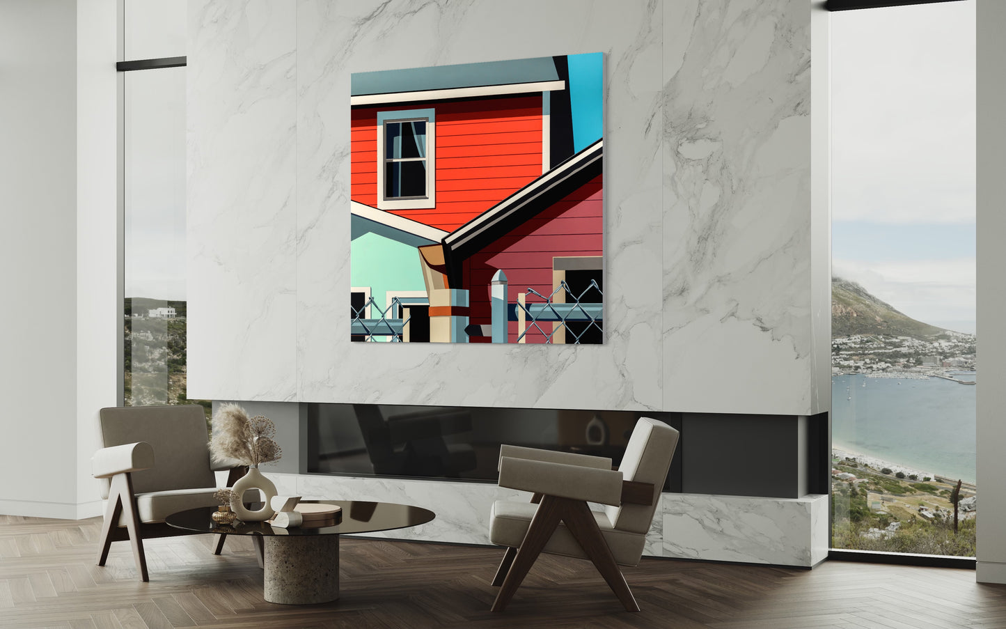 Original acrylic painting TEAM SPIRIT by Gordon Leverton depicting community homes in Hamilton Ontario, Canada.