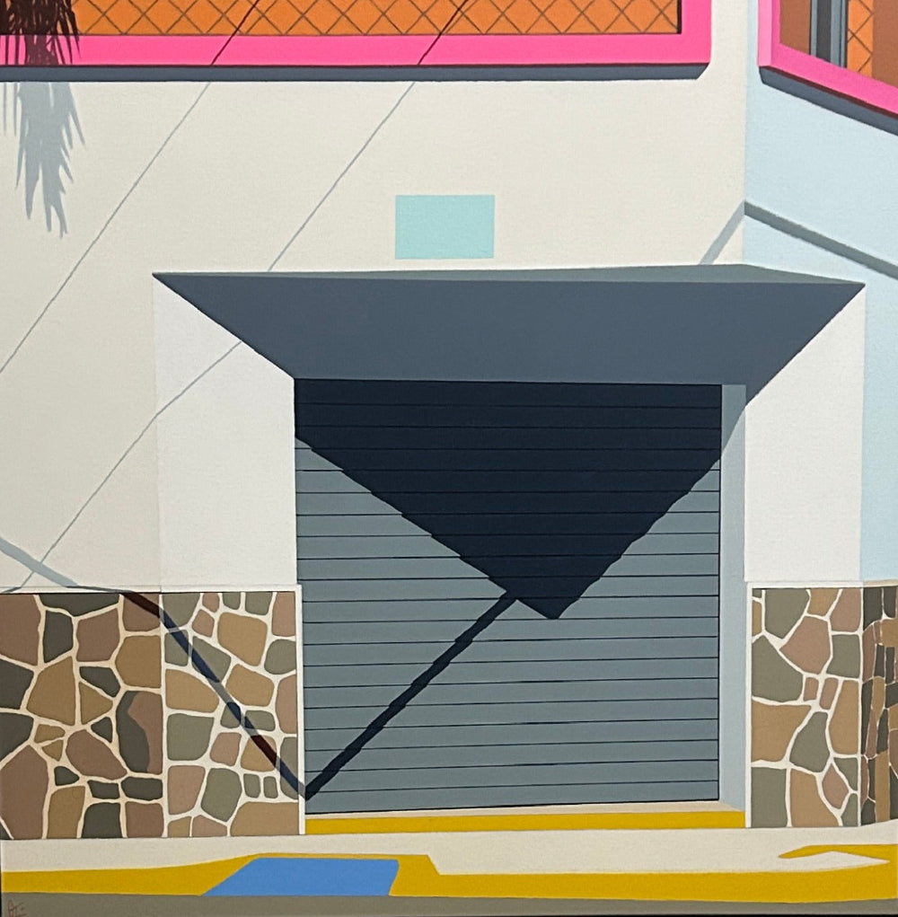 Geometric abstract art with a central blue door-like shape on a multicolored background