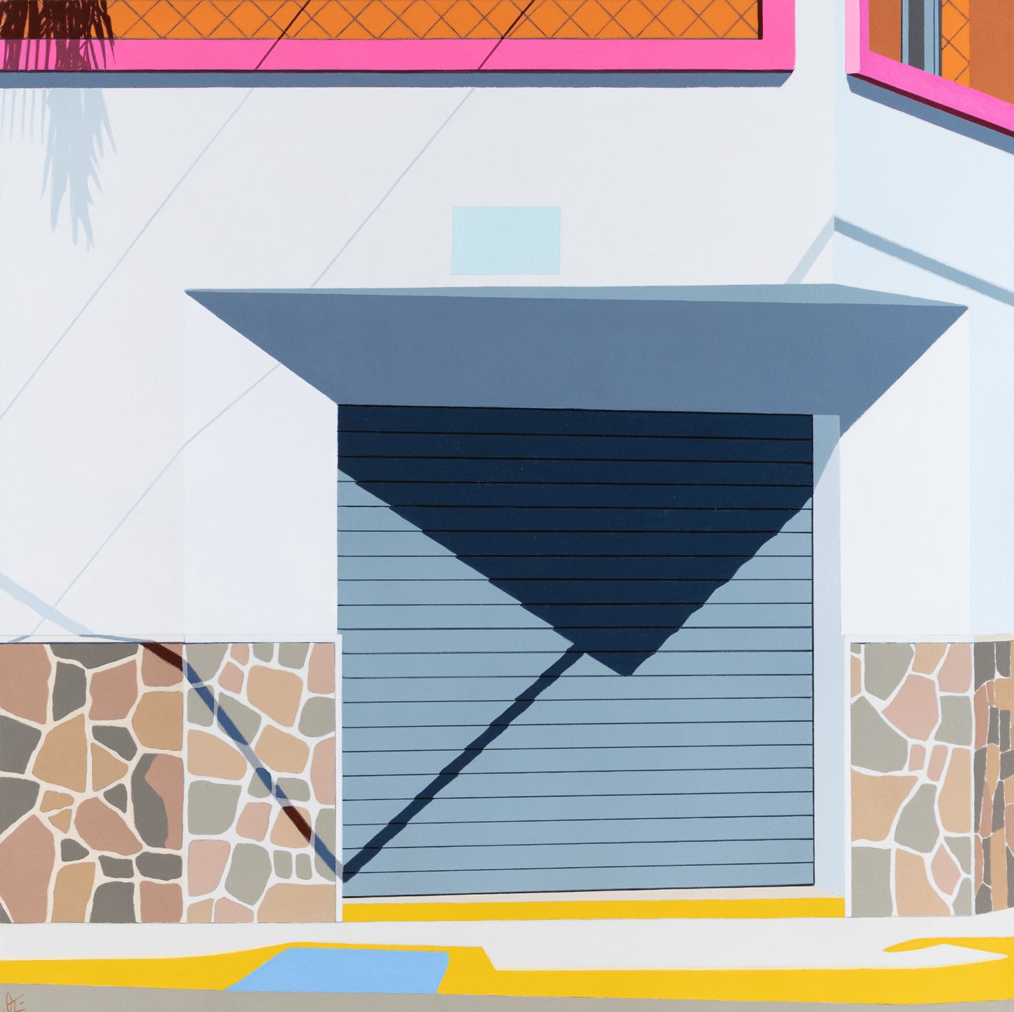 Original acrylic painting Tropicalia by Gordon Leverton depicting colonial architecture in Americano Guadalajara Mexico with vibrant tropical colors and geometric forms