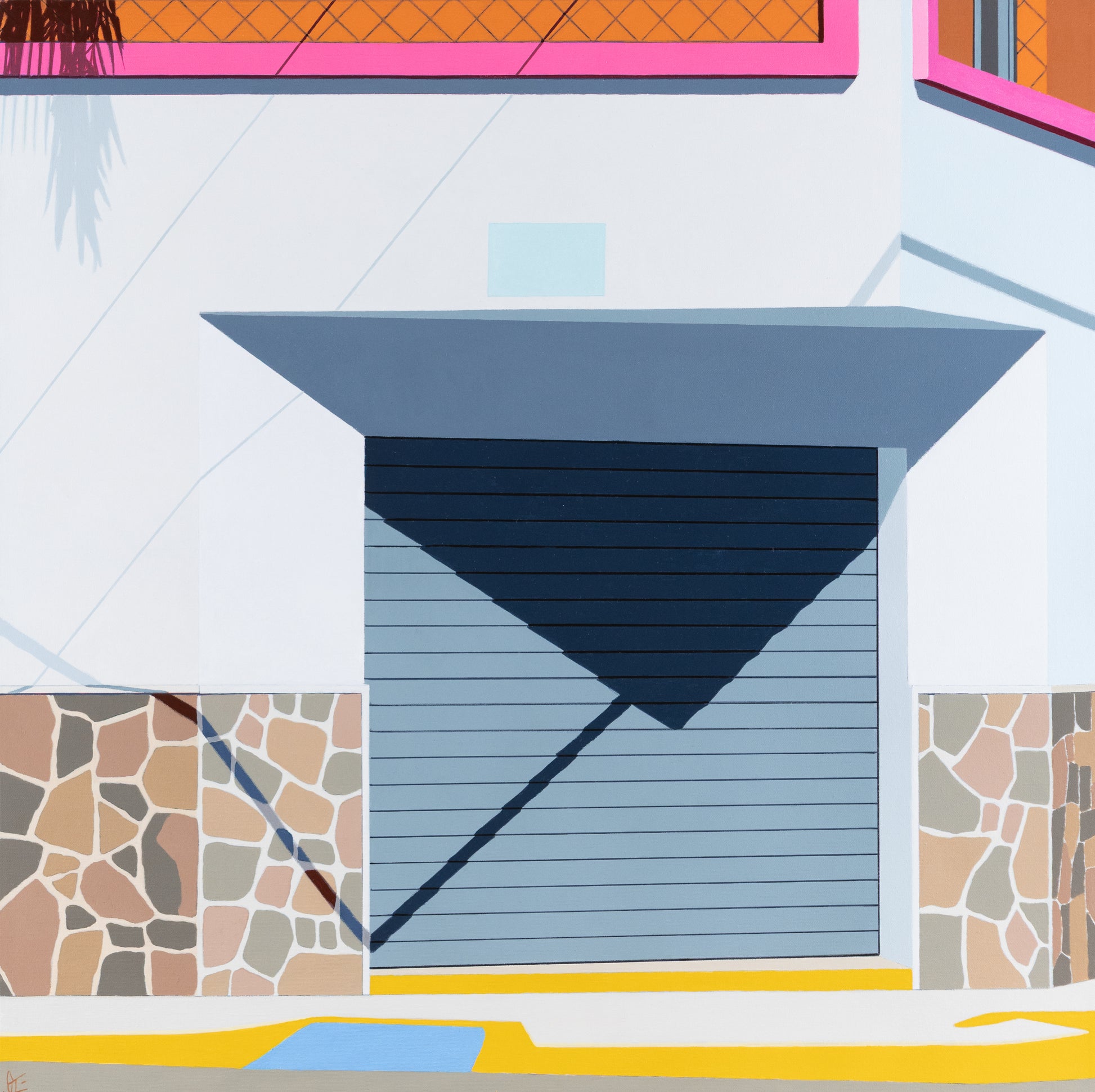 Original acrylic painting Tropicalia by Gordon Leverton depicting colonial architecture in Americano Guadalajara Mexico with vibrant tropical colors and geometric forms