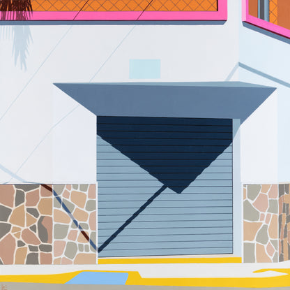 Original acrylic painting Tropicalia by Gordon Leverton depicting colonial architecture in Americano Guadalajara Mexico with vibrant tropical colors and geometric forms