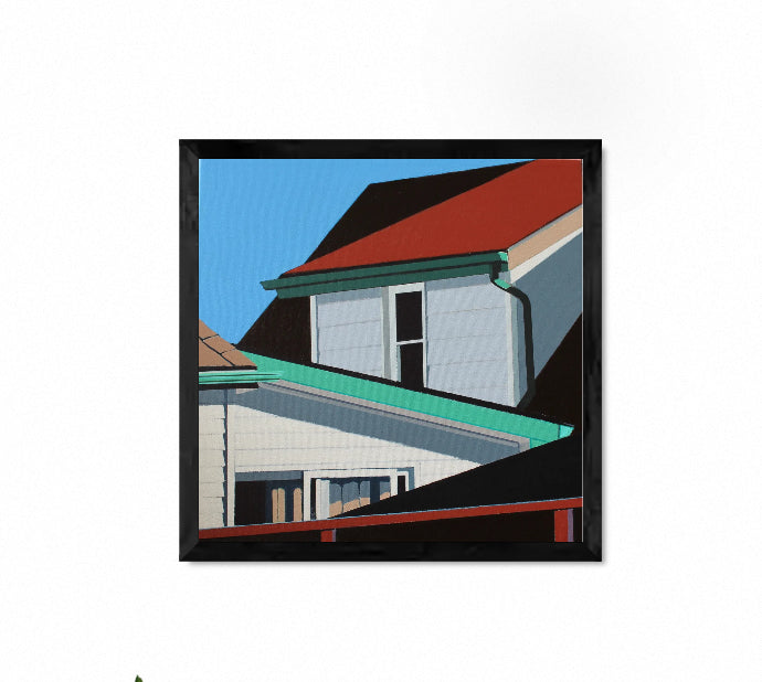 True Believer is an original 12x12 inch painting by Gordon Leverton, Hamilton Artist, featuring architectural painting of a side view homes in Kitchener, Canada in bold geometric shapes.