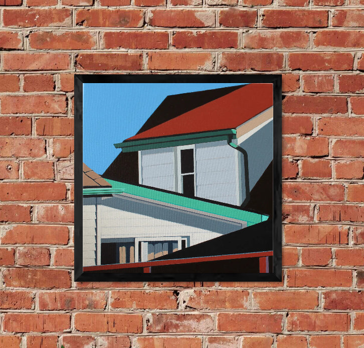 True Believer is an original 12x12 inch painting by Gordon Leverton, Hamilton Artist, featuring architectural painting of a side view homes in Kitchener, Canada in bold geometric shapes.
