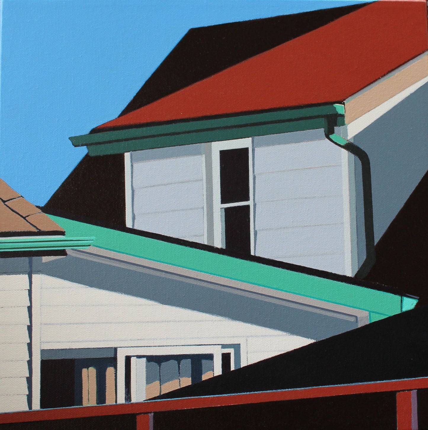 True Believer is an original 12x12 inch painting by Gordon Leverton, Hamilton Artist, featuring architectural painting of a side view homes in Kitchener, Canada in bold geometric shapes.