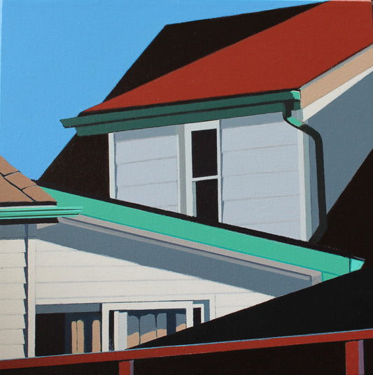 True Believer is an original 12x12 inch painting by Gordon Leverton, Hamilton Artist, featuring architectural painting of a side view homes in Kitchener, Canada in bold geometric shapes.