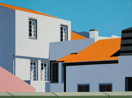 Original acrylic painting Vida Réal by Gordon Leverton depicting colorful homes in Azores Portugal with vibrant community architecture