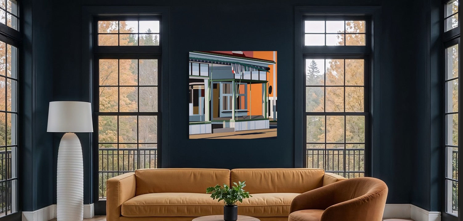 Original acrylic painting Vintage Charm by Gordon Leverton depicting 313 Barton Street corner building in Hamilton with historic storefront architecture - Grocery Store for over 73 years.