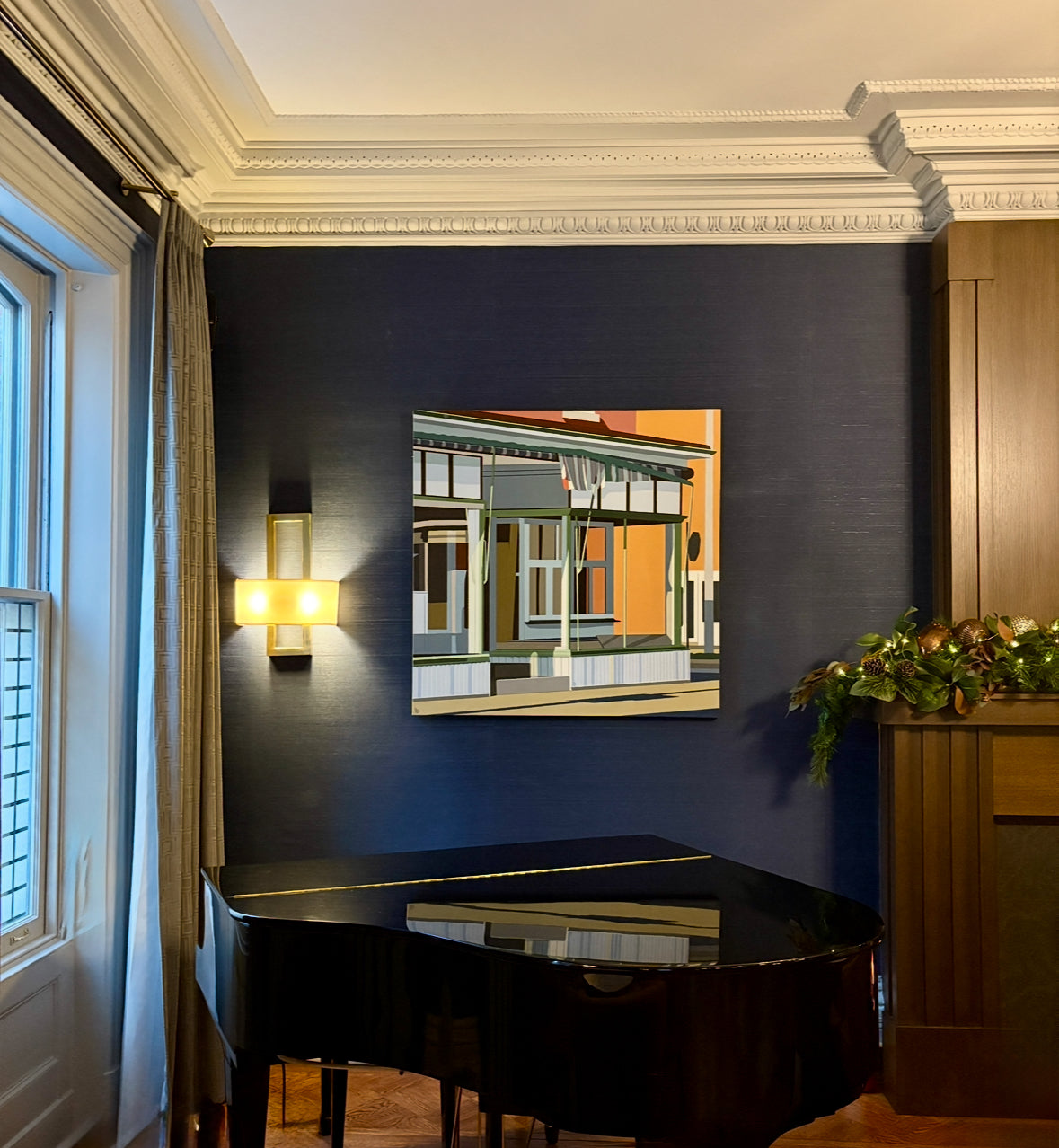 Photo taken of Vintage Charm, Gordon Leverton in The Hamilton Club, Hamilton, Canada in December 2025. Original acrylic painting Vintage Charm by Gordon Leverton depicting 313 Barton Street corner building in Hamilton with historic storefront architecture - Grocery Store for over 73 years.