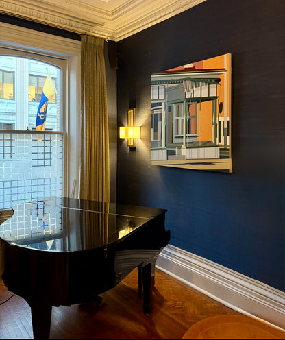 Photo taken of Vintage Charm, Gordon Leverton in The Hamilton Club, Hamilton, Canada in December 2025. Original acrylic painting Vintage Charm by Gordon Leverton depicting 313 Barton Street corner building in Hamilton with historic storefront architecture - Grocery Store for over 73 years.