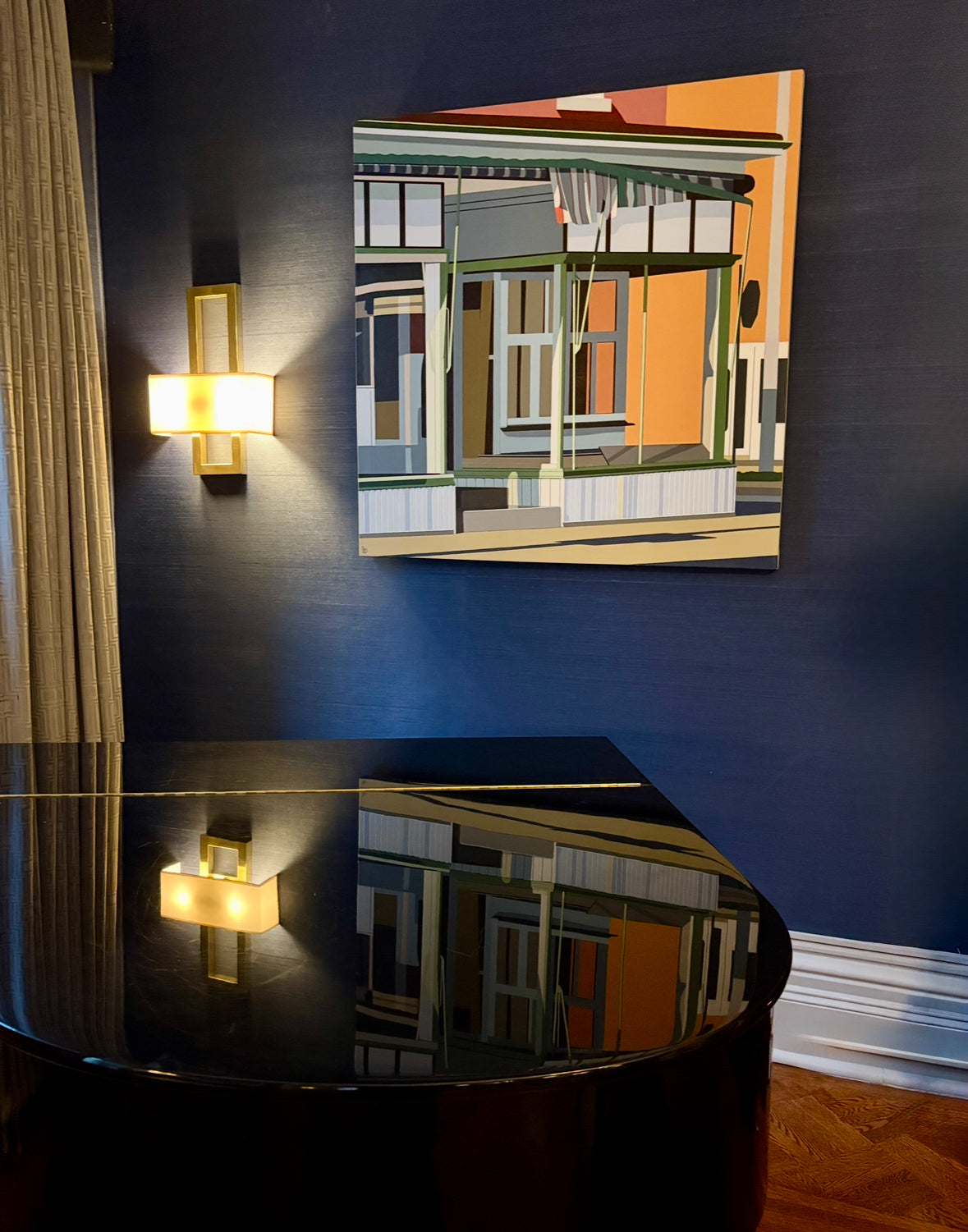 Photo taken of Vintage Charm, Gordon Leverton in The Hamilton Club, Hamilton, Canada in December 2025. Original acrylic painting Vintage Charm by Gordon Leverton depicting 313 Barton Street corner building in Hamilton with historic storefront architecture - Grocery Store for over 73 years.