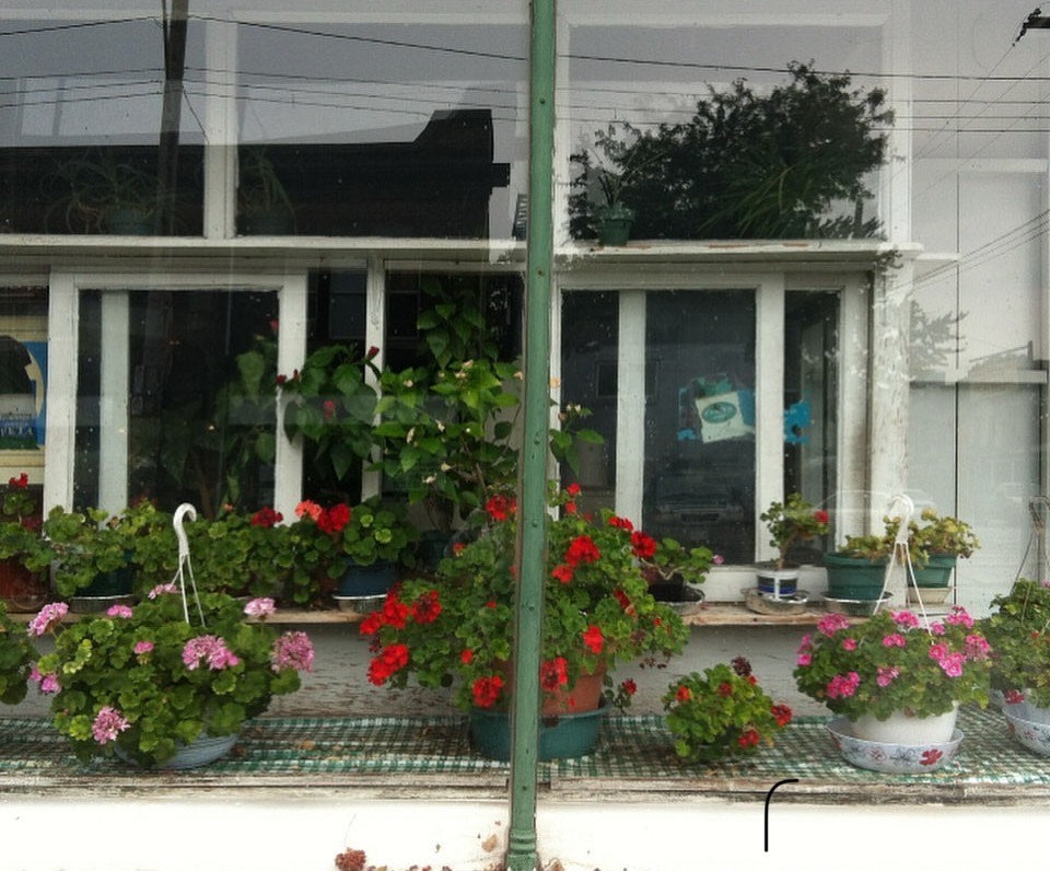 The Window of Vintage Charm by Gordon Leverton depicting 313 Barton Street corner building in Hamilton with historic storefront architecture - Grocery Store for over 73 years.